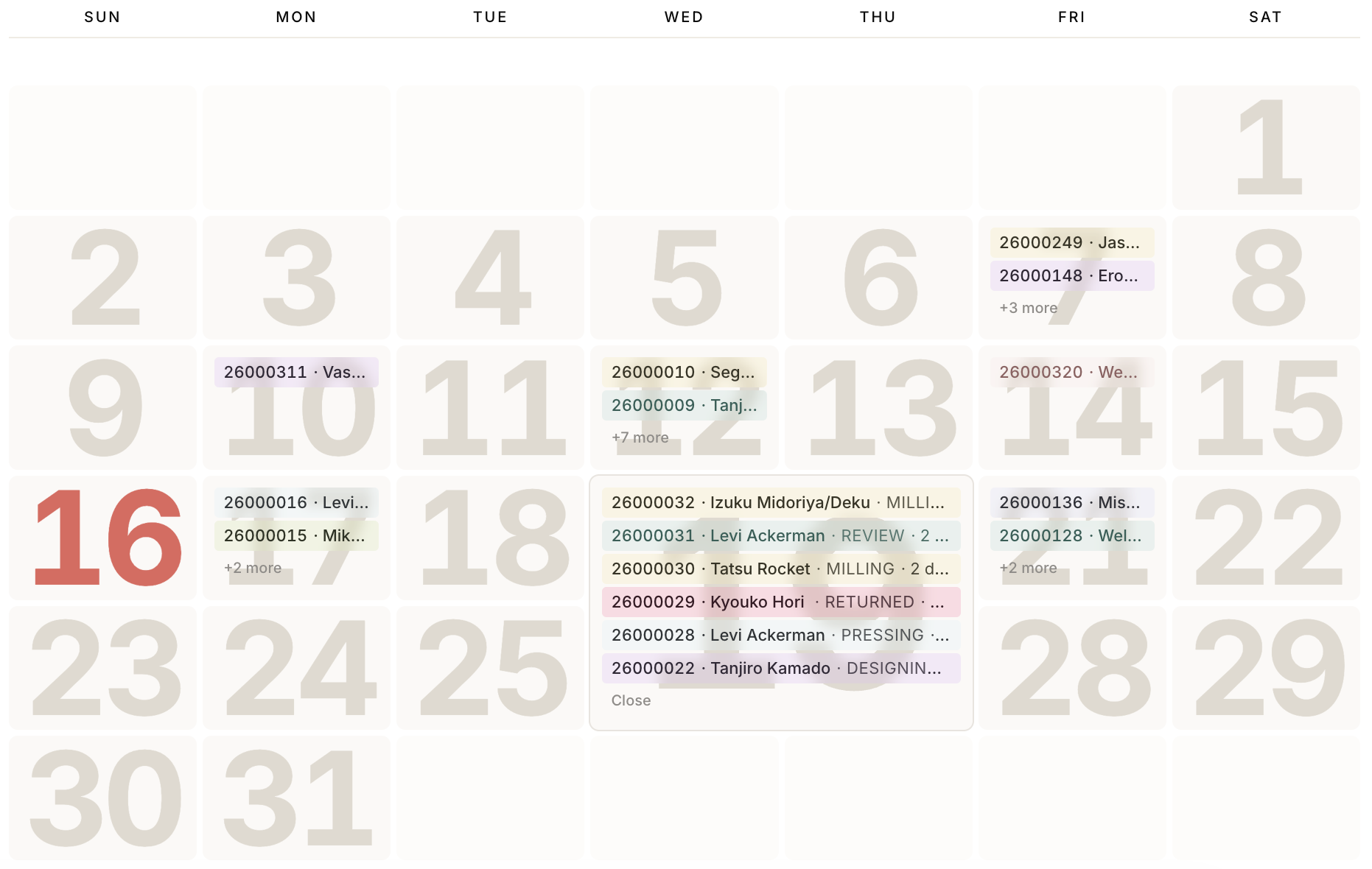 The Case Flow ID calendar, showing example cases on their due dates