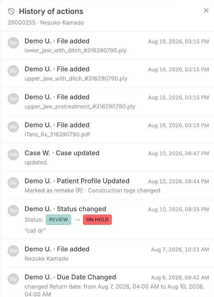 A case's history of actions in Case Flow ID, listing who changed what and when