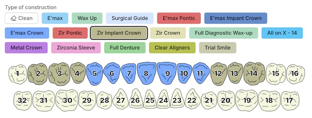 Colour-coded construction types above a tooth chart in the Case Flow ID case form