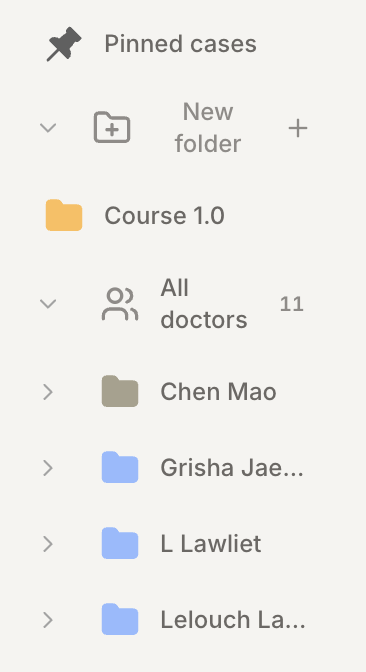 The Case Flow ID sidebar, with pinned cases, a custom folder and a folder per doctor