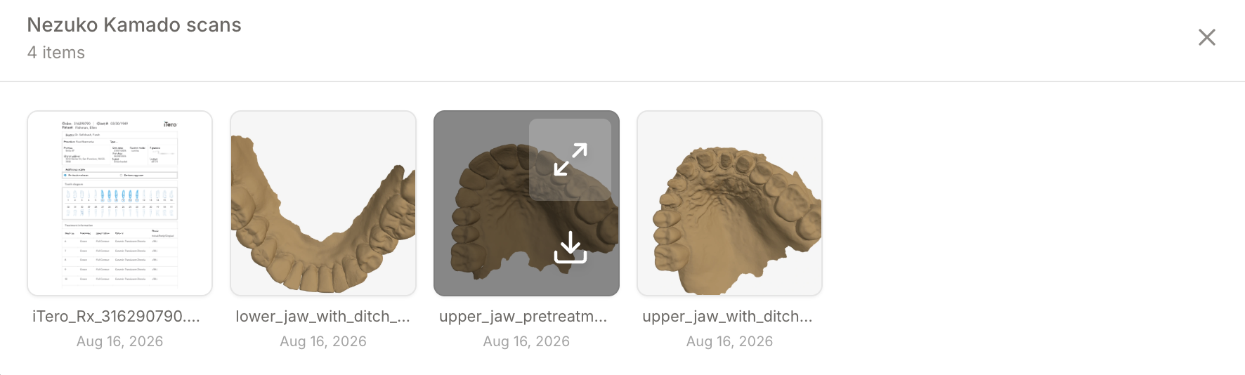 A case folder opened in Case Flow ID, previewing a scan report and three 3D scans
