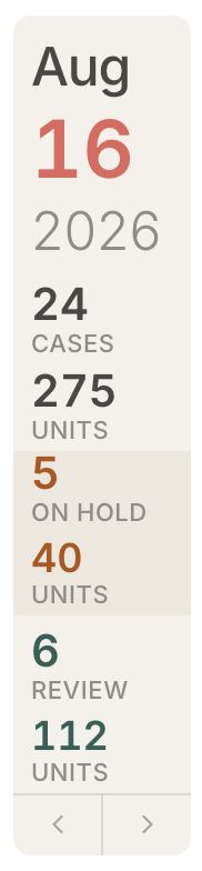 The Case Flow ID workload rail, totalling cases and units in production, on hold and in review